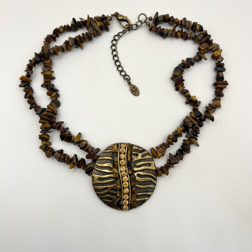 Ethyl & Myrtle Tiger‎ Eye Chip Necklace Brass Rhinestone Pendant Boho